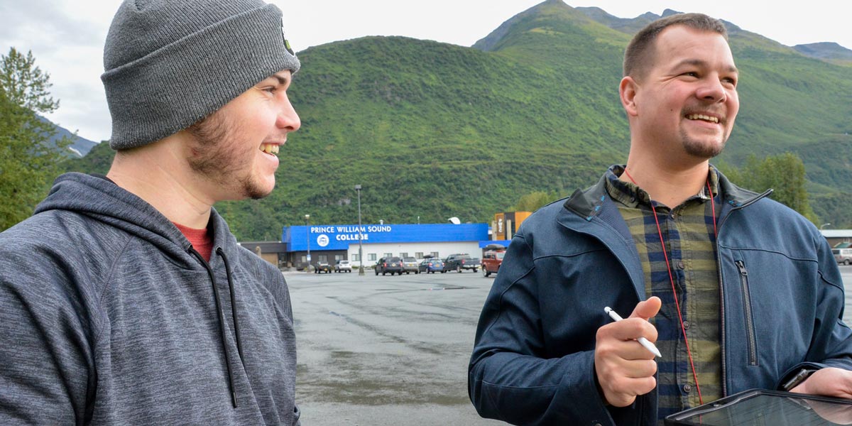 Prince William Sound College (PWSC) students infront of Valdez campus in Alaska