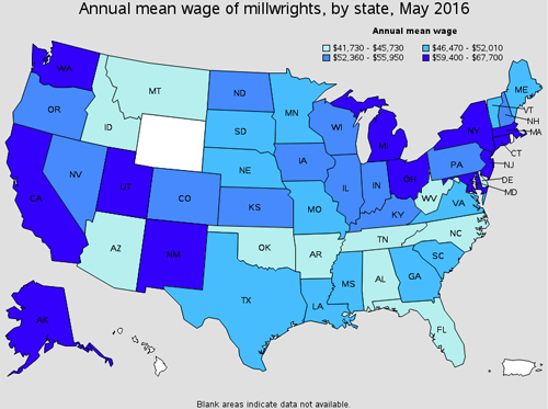 Map of annual mean wages of millwrights with in the US