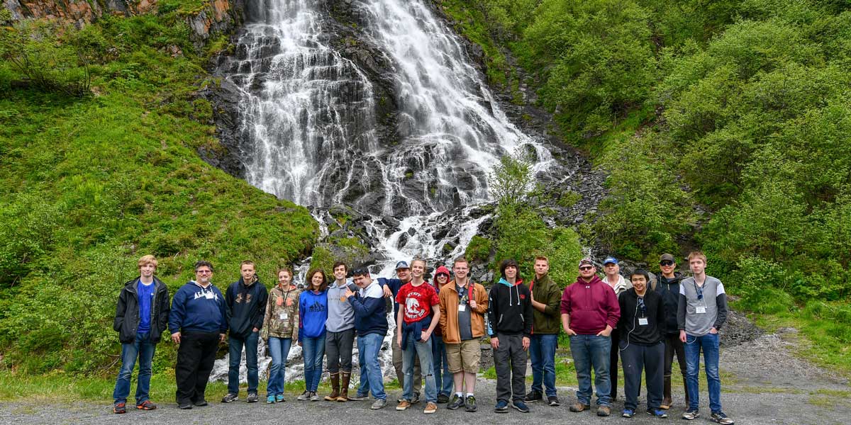 Alaska Tech Learners 2019 participants in front of Horse Tail Falls in Valdez, Alaska