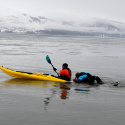 Two kayqkers demonstrating the backdeck rescue.