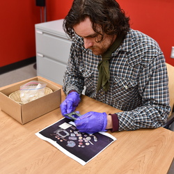 Researcher handling artifacts. 