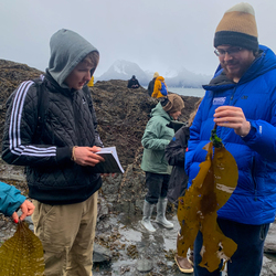 Two students looking at kelp.