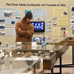 Student looking at museum displays.