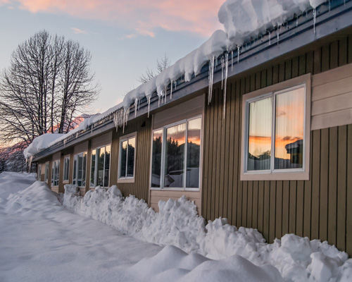 Exterior of residence halls in the winter at Prince William Sound College in Valdez, Alaska