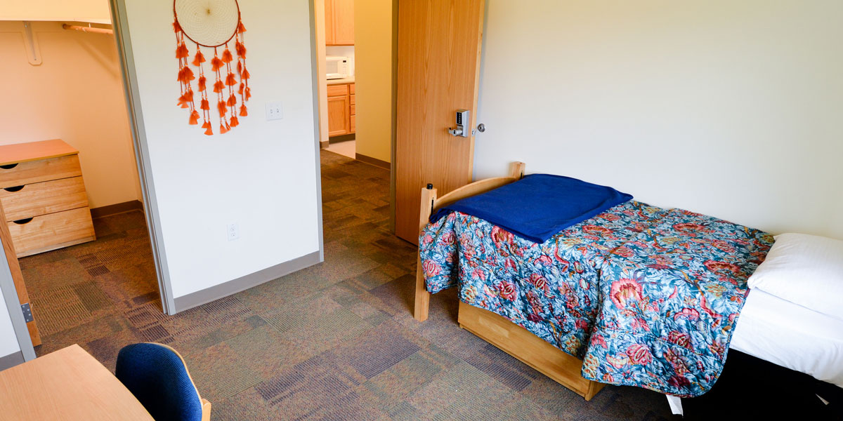 Bedroom in guest and conference housing at Prince William Sound College (PWSC) in Valdez, Alaska
